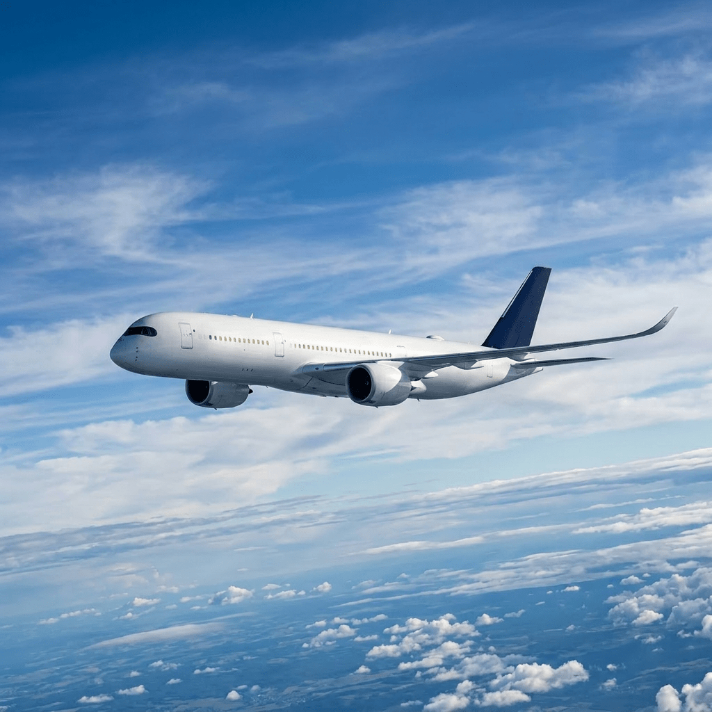 Lufthansa Airbus A350 airplane flying in blue sky with scattered clouds below