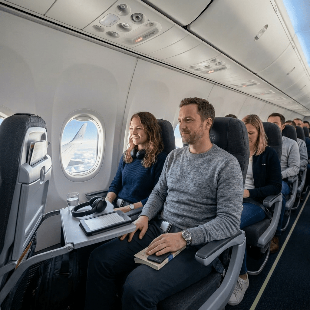 Woman seated by airplane window with headphones and e-reader on tray table