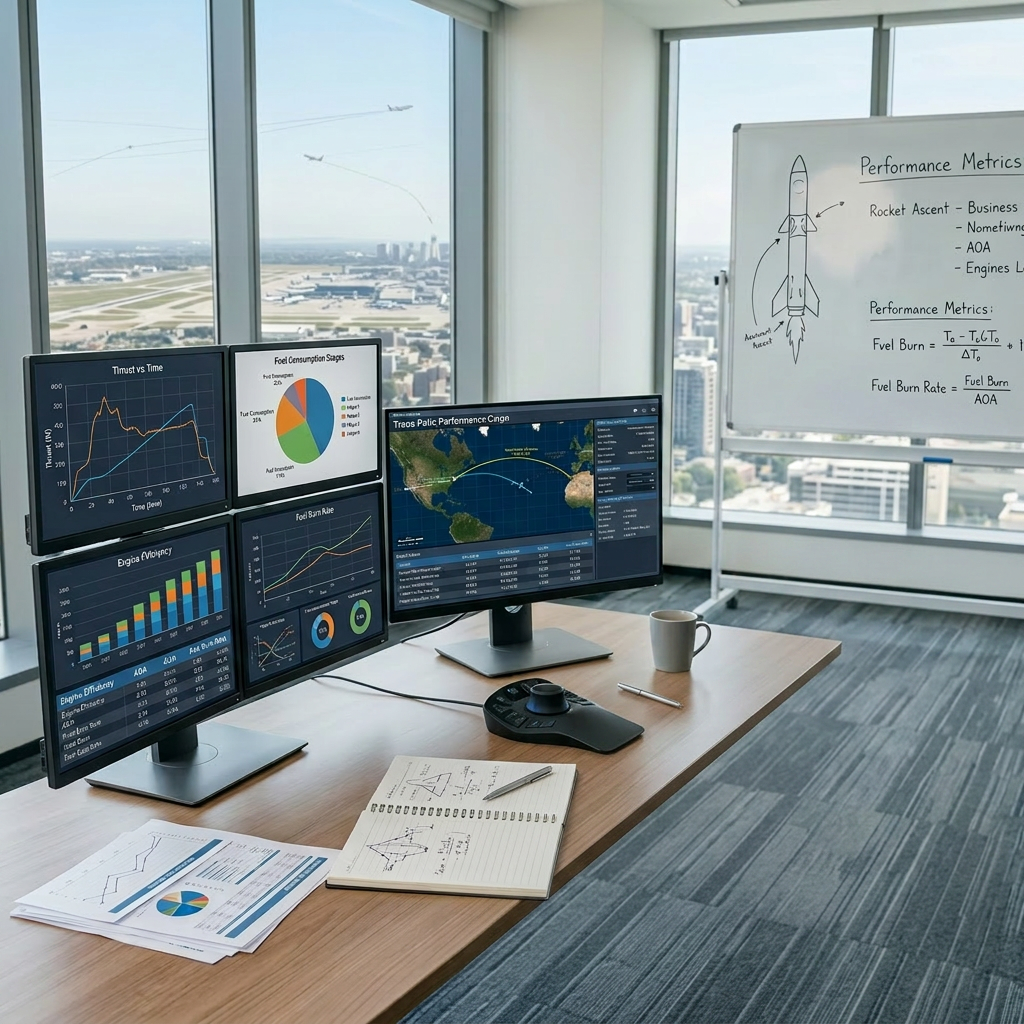 Aerospace engineer analyzing flight data A woman in business attire sitting at a desk with multiple monitors displaying aerospace performance charts and maps, taking notes.