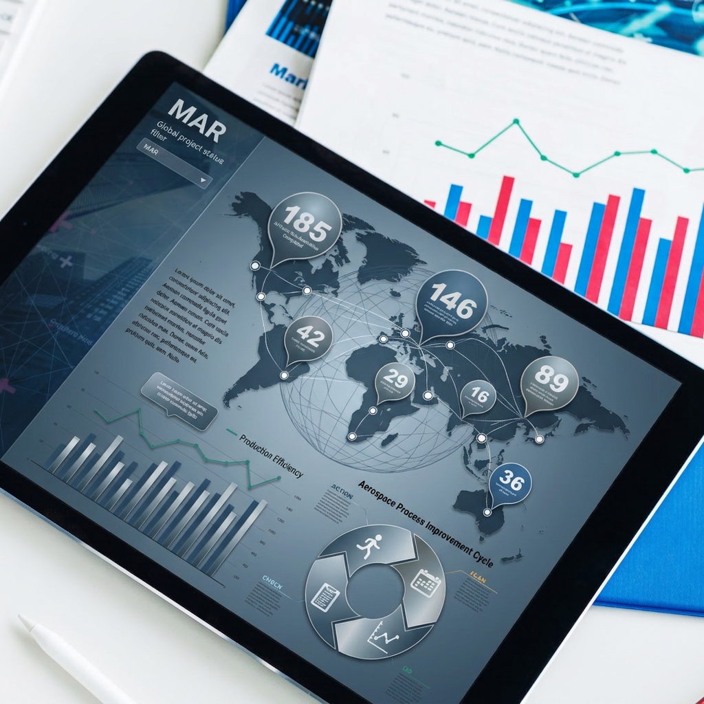 Global aerospace data visualization dashboard Digital tablet showing global map with aerospace process improvement metrics and charts