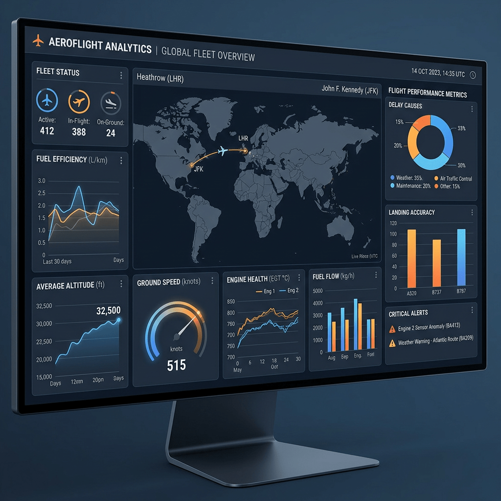 Improve Processes Dashboard showing global flight route, fleet status, fuel efficiency, altitude, ground speed, engine health, fuel flow, delay causes, landing accuracy, and critical alerts