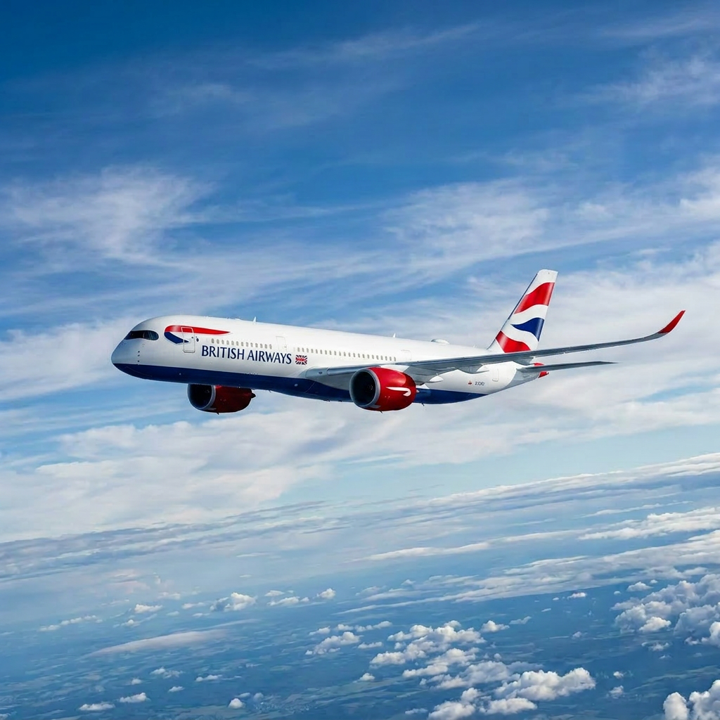 Lufthansa Airbus A350 airplane flying in blue sky with scattered clouds below