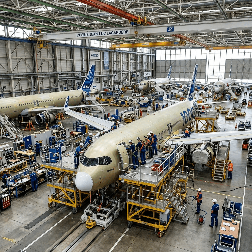Technicians assembling Airbus aircraft inside a spacious factory hangar